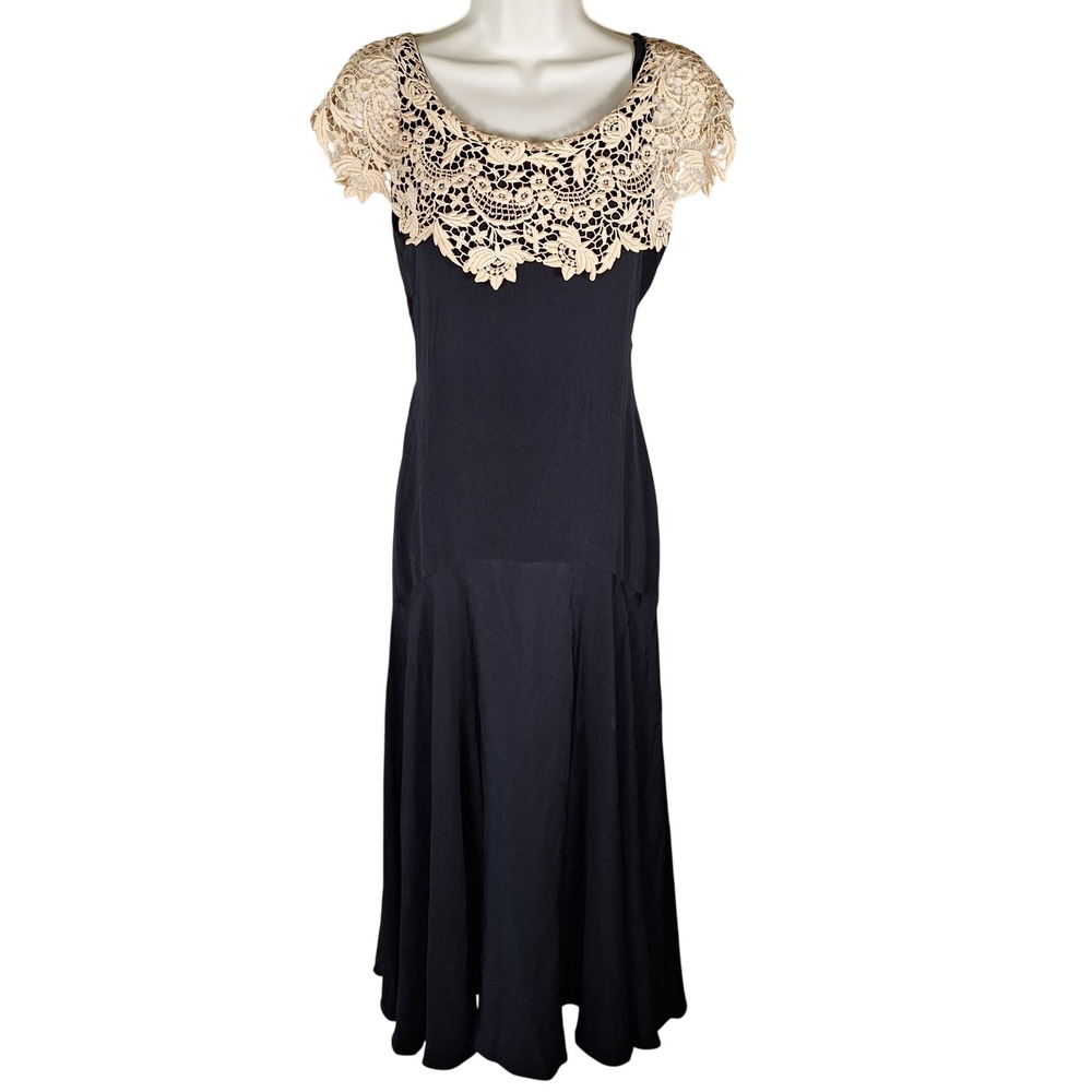Antique Vintage Gothic Evening Gown Bertha Guipture Lace Crepe Black Dress